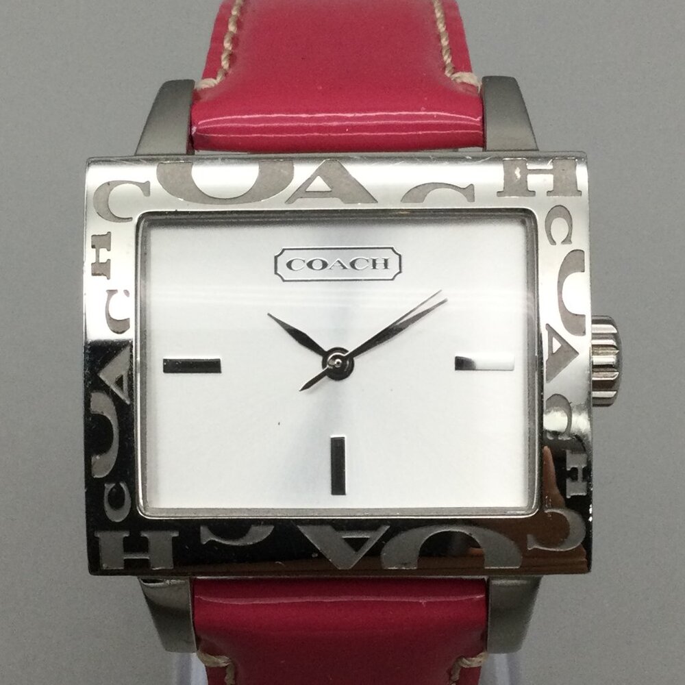 Coach Watch Women 32mm Silver Tone Square Logo Pink Leather Band New Battery